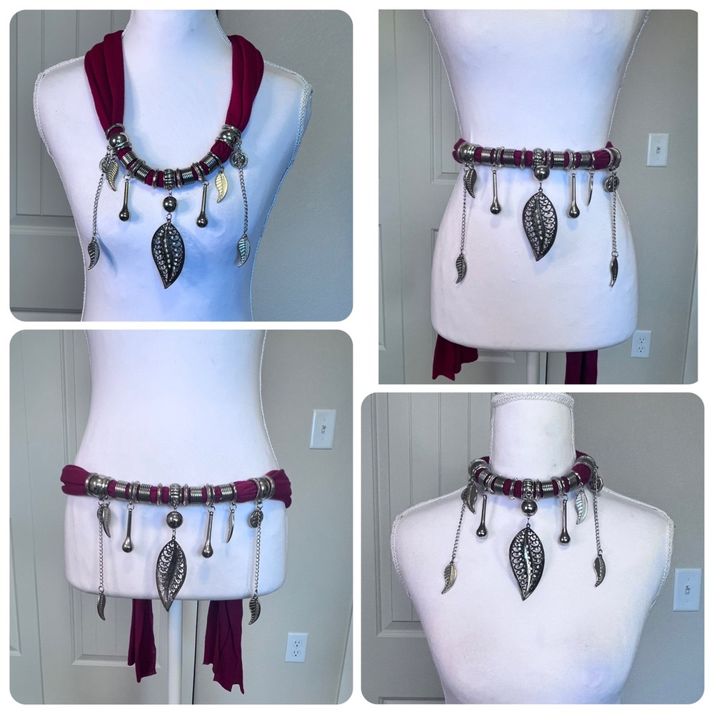 Boho Silver Tone Charms Necklace Belt - Fabric that ties